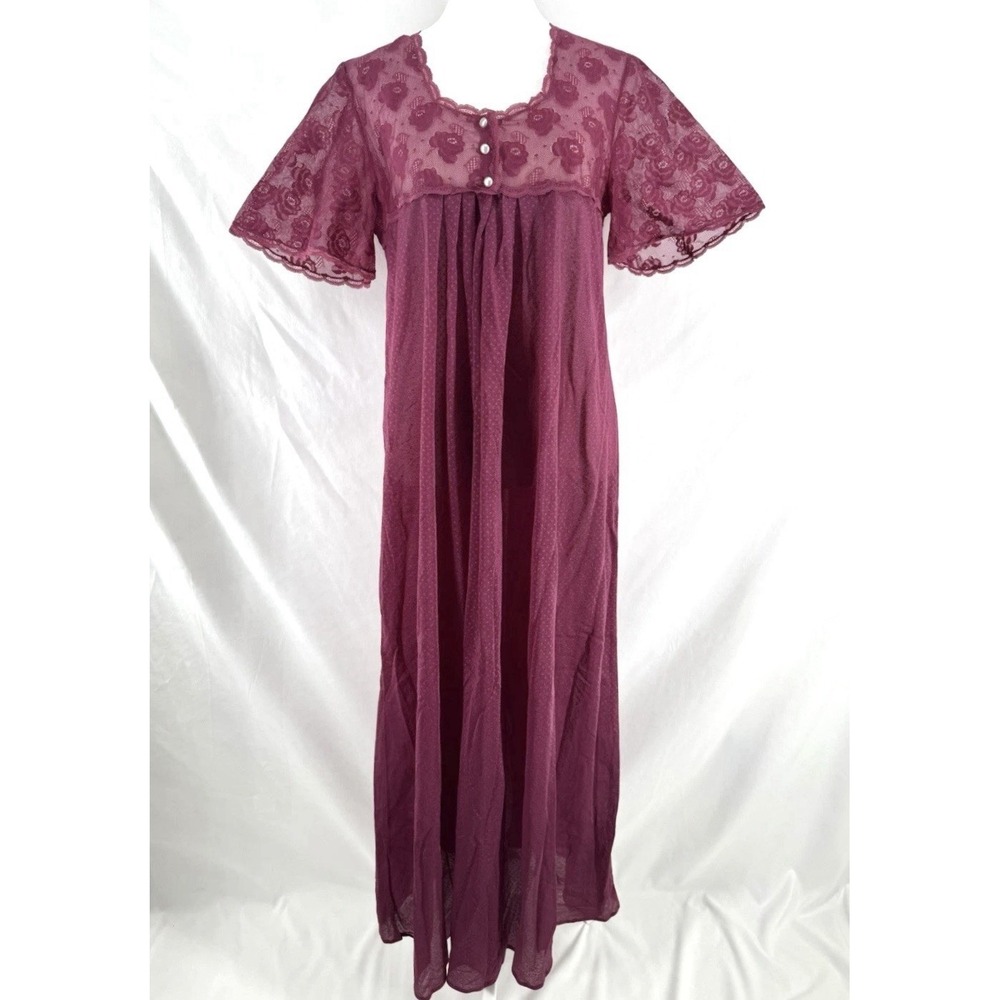 Vtg Burgundy Maxi Dress Sheer Floral Lace Flutter Sleeve Romantic Fairy Whimsy M